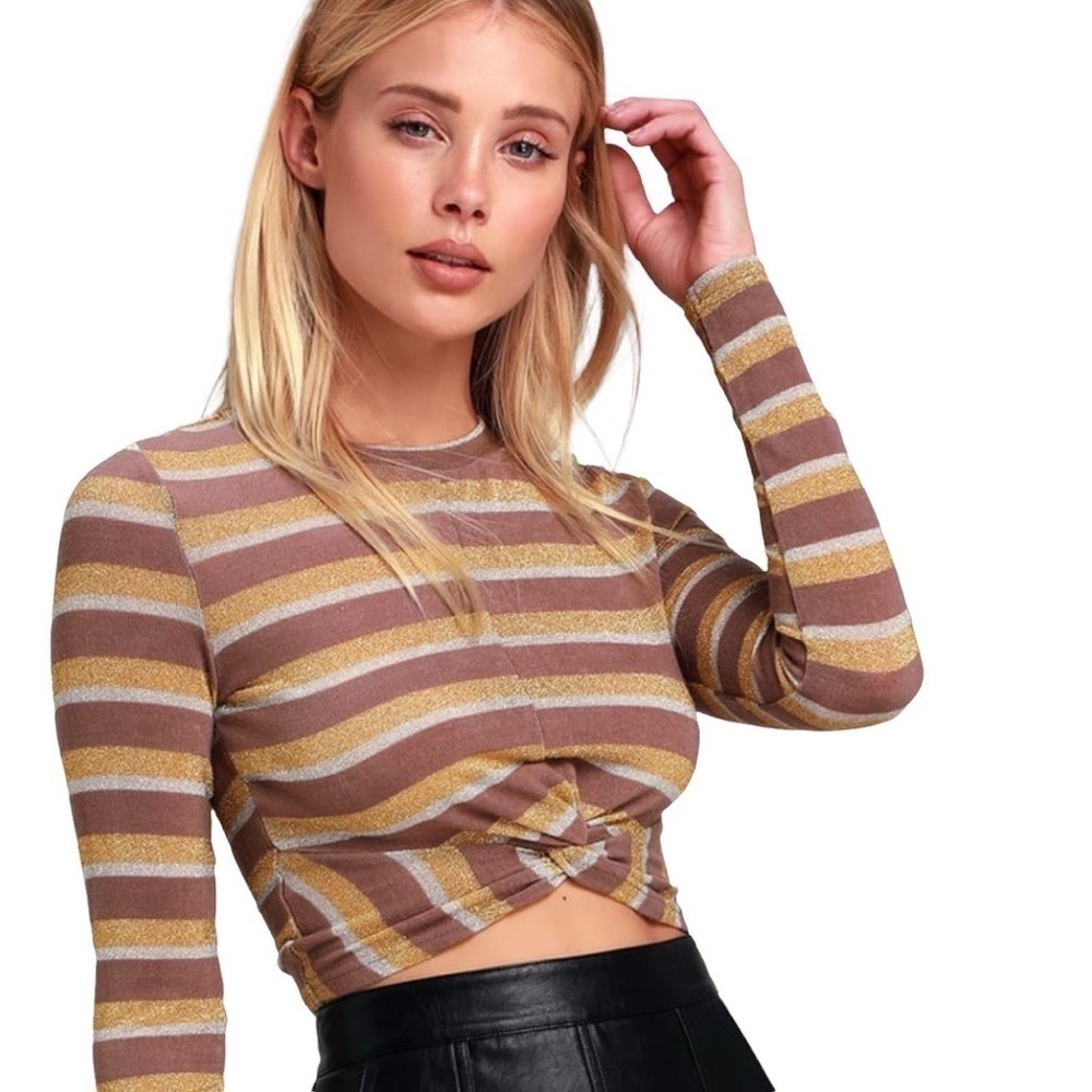 Joa Whirlwind Taupe Striped Ling Sleeve Crop Top Size Medium